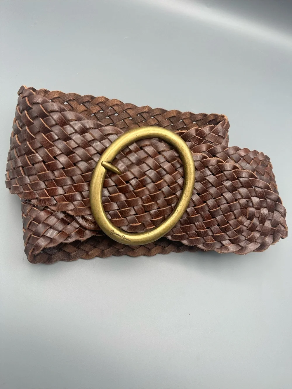 Y2K Brown Leather Wide Woven Braided Belt Jessica Simpson Brass Buckle Size L